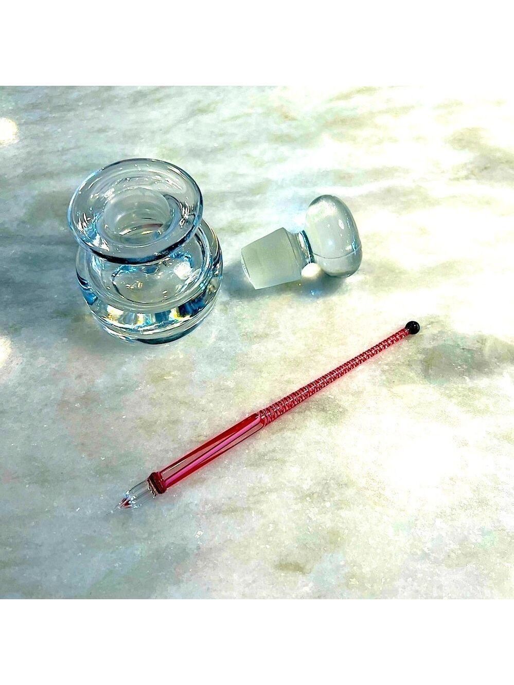 Antique blown ink well and stopper with pen zanfirico spiral in candy cane